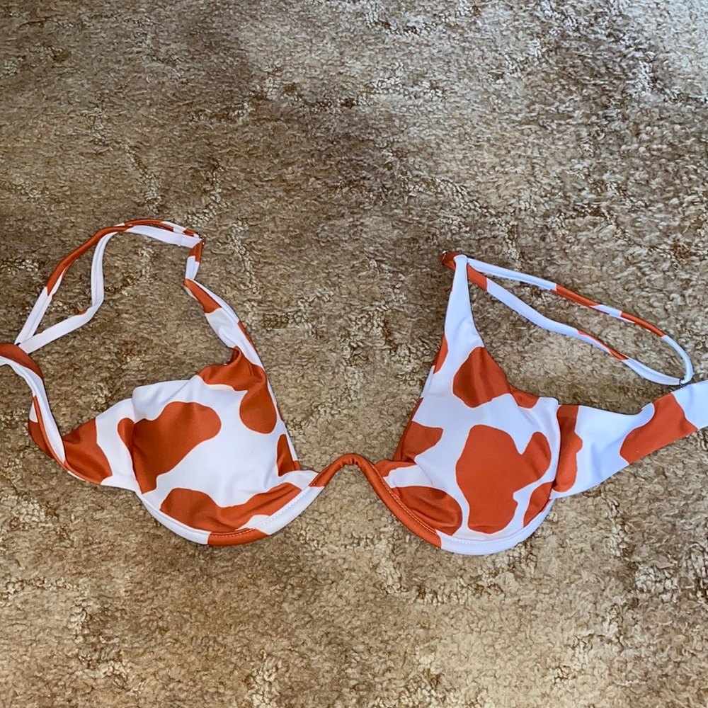 Adjustable Strap, Orange Cow Print, Bikini Top